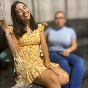 Pastel yellow floral old navy dress. Fit & Flare Cami Mini Dress. Above the knee